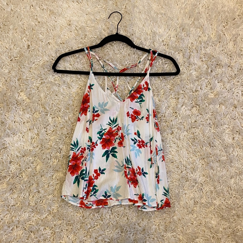 Floral tank top with cross cross straps in back